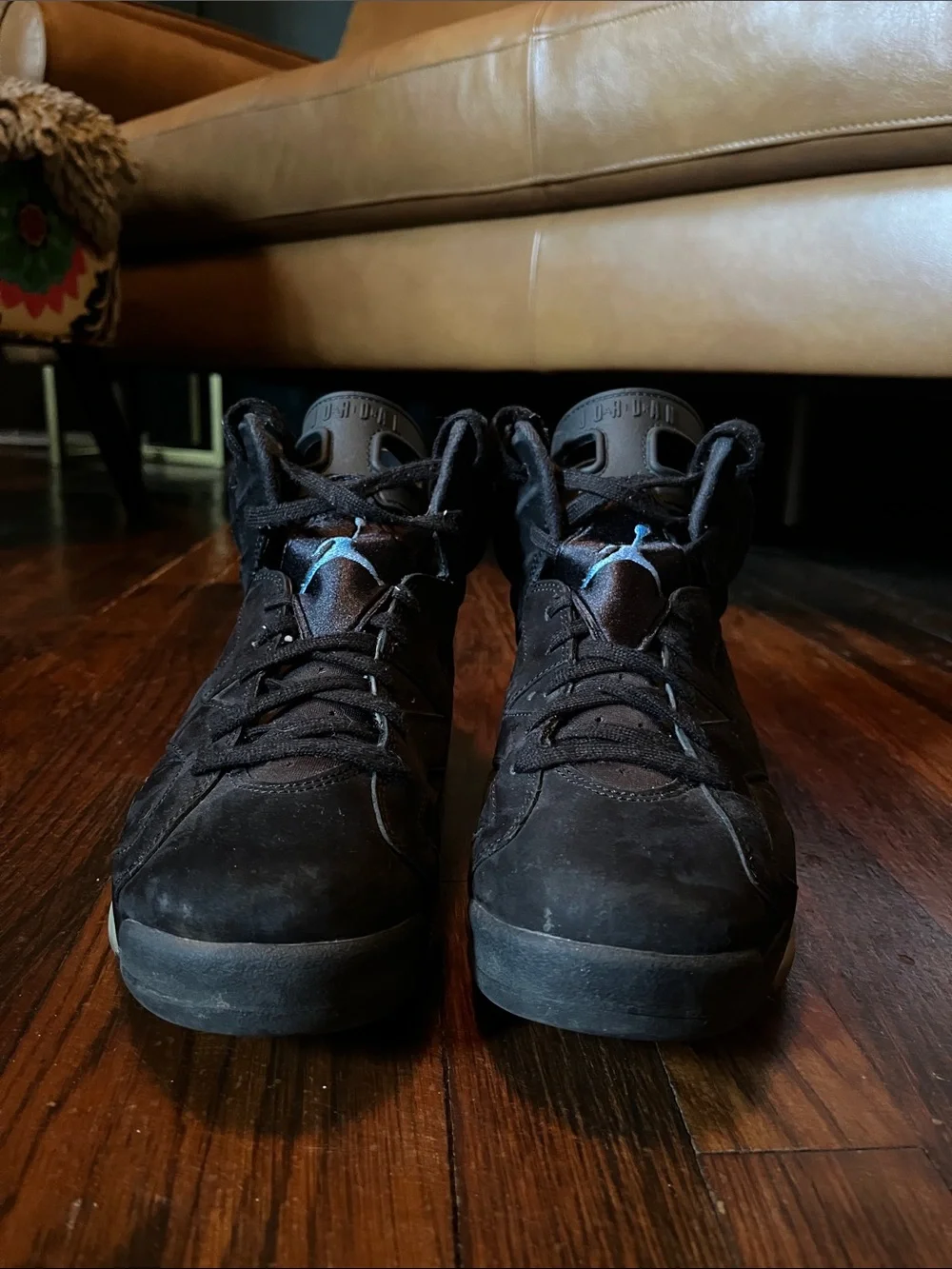Jordan Men's Black Suede High-Top Sneakers with Light Blue Jumpman